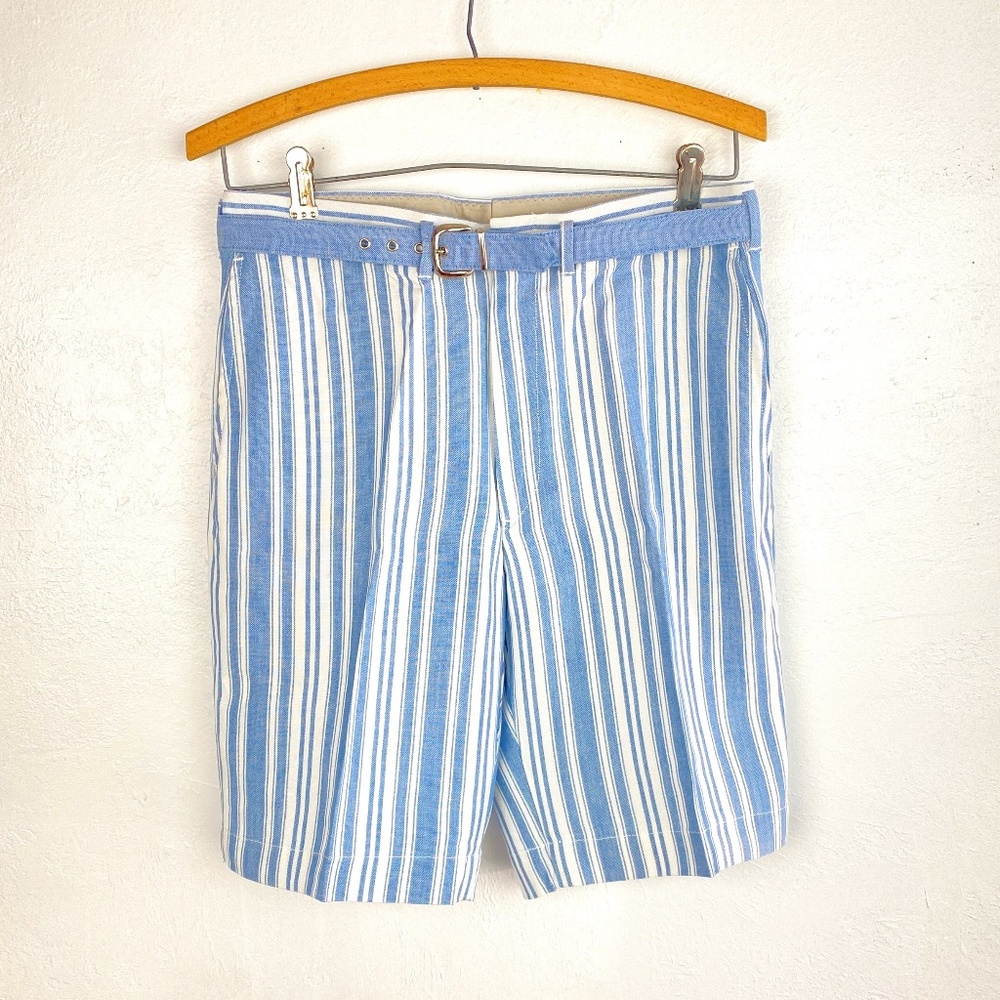 Vintage 60/70 Mens Bermuda Shorts Waist 30" Rayon Blue Stripes Pockets Belt Golf
